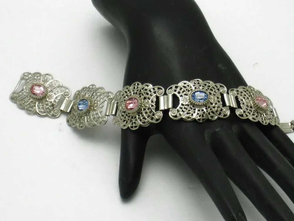 Vintage Silver Plated Pink and Blue Rhinestone Fi… - image 7