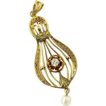 Vintage 14K Yellow Gold Diamond and Pearl Filagre… - image 1