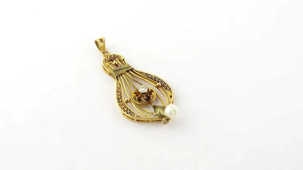 Vintage 14K Yellow Gold Diamond and Pearl Filagre… - image 2