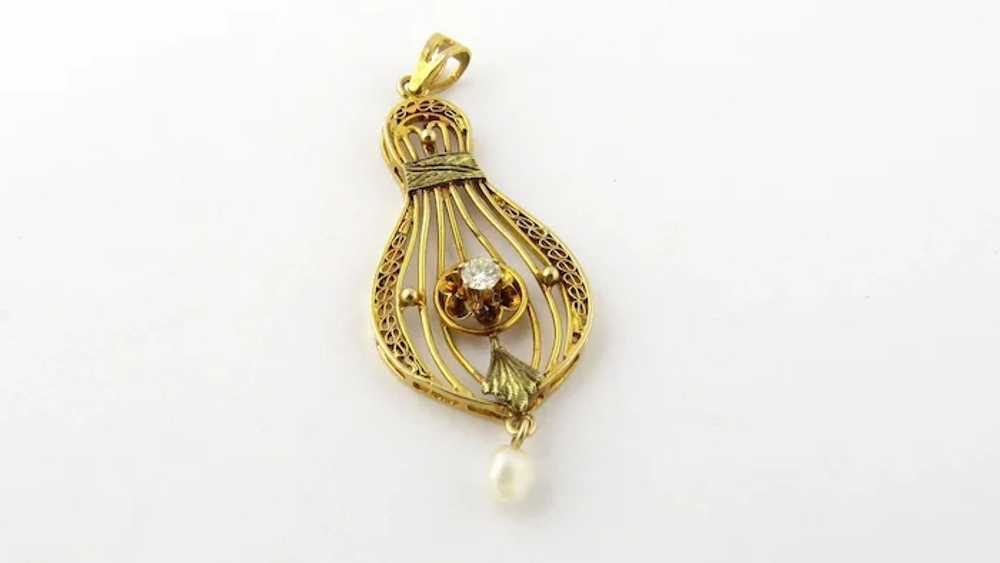 Vintage 14K Yellow Gold Diamond and Pearl Filagre… - image 4