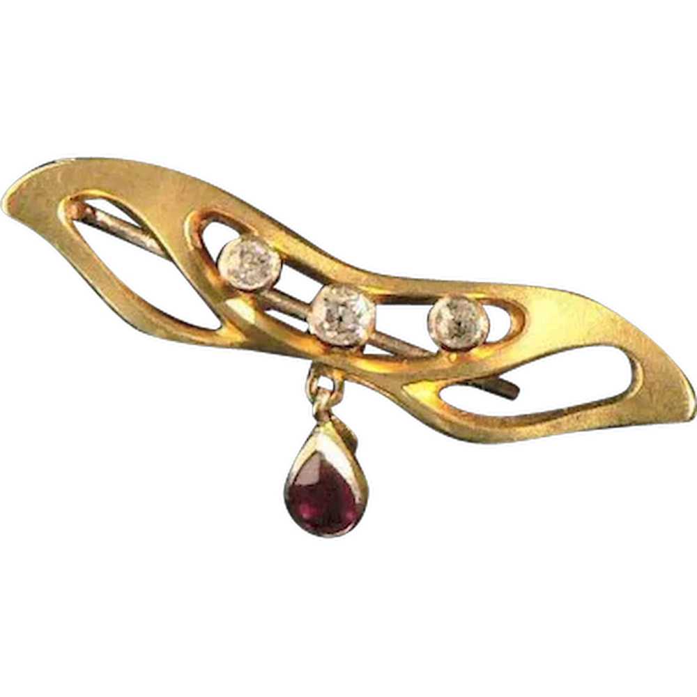 14K Gold Diamond Ruby Art Nouveau Pin - image 1