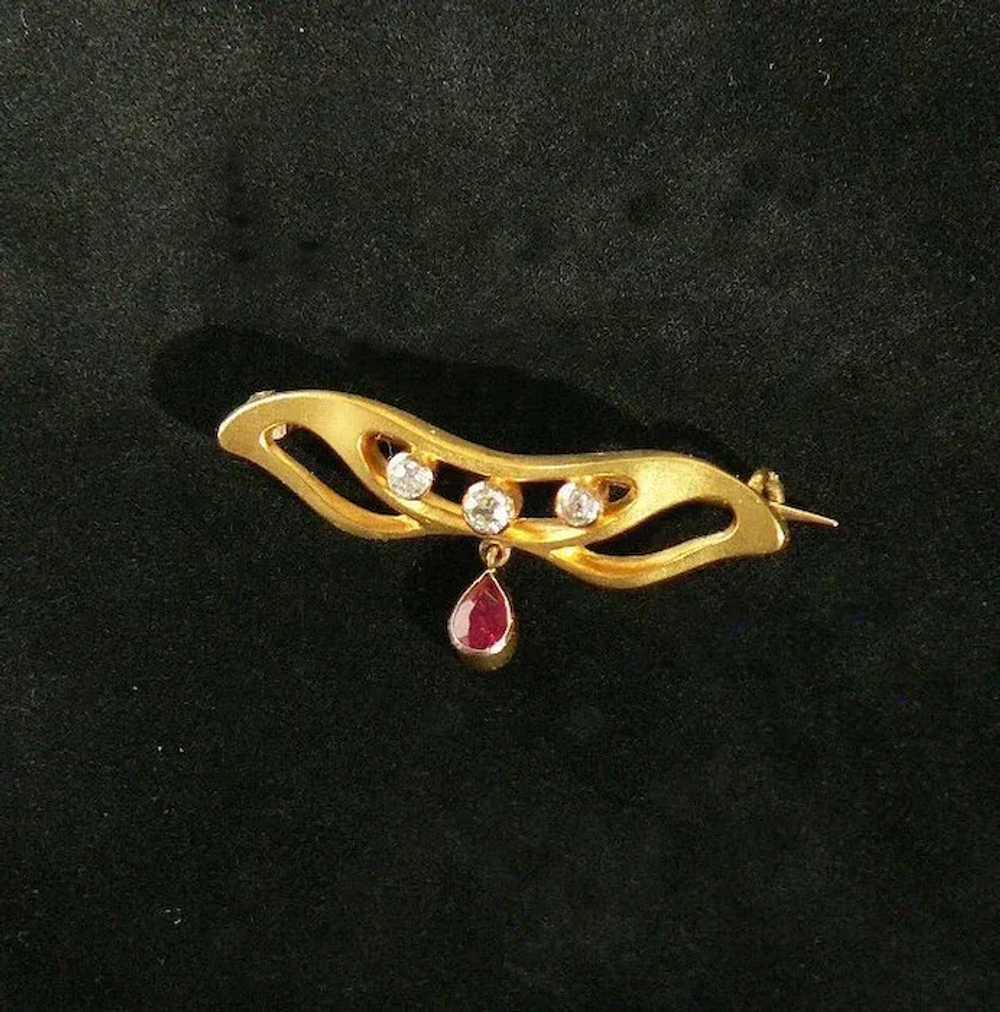 14K Gold Diamond Ruby Art Nouveau Pin - image 2