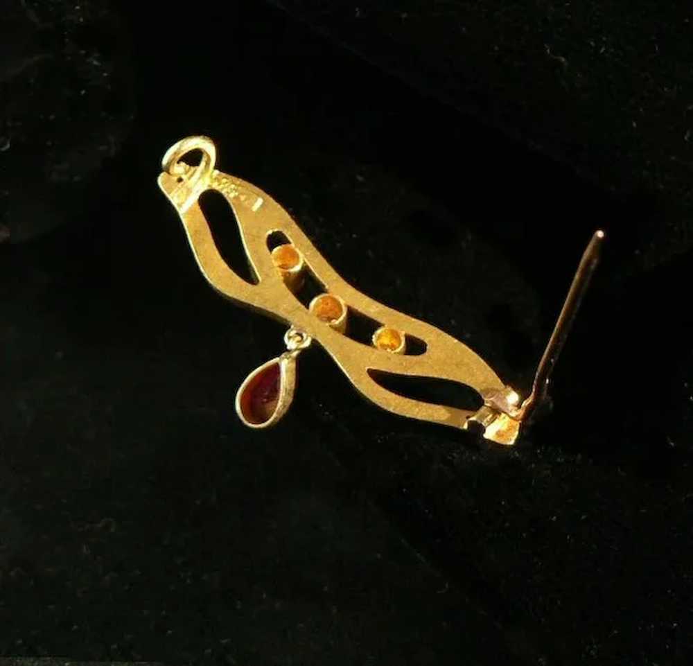 14K Gold Diamond Ruby Art Nouveau Pin - image 3