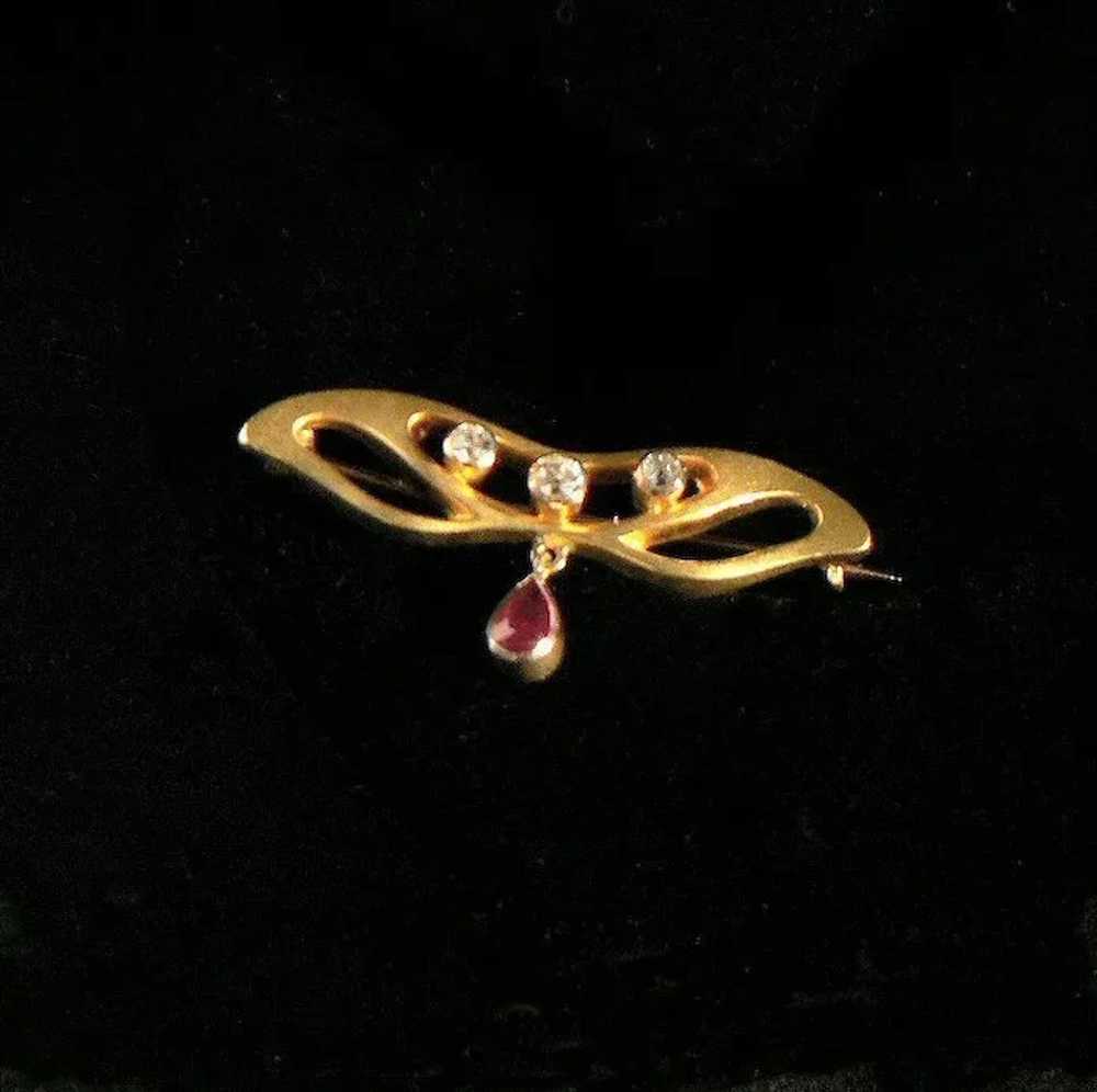 14K Gold Diamond Ruby Art Nouveau Pin - image 4