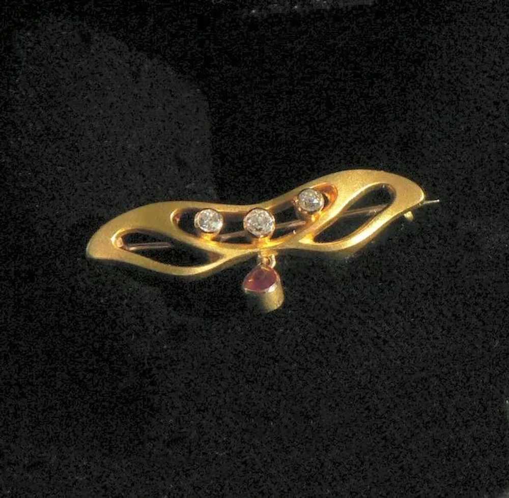 14K Gold Diamond Ruby Art Nouveau Pin - image 5