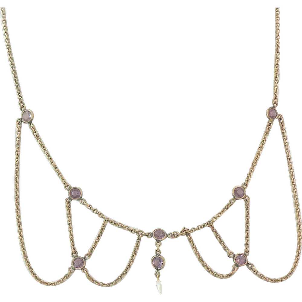 Amethyst Glass Festoon Necklace Gold Filled Baroq… - image 1