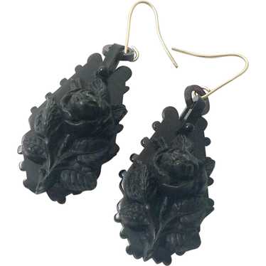 Hand Carved Victorian Whitby Jet Earrings - image 1