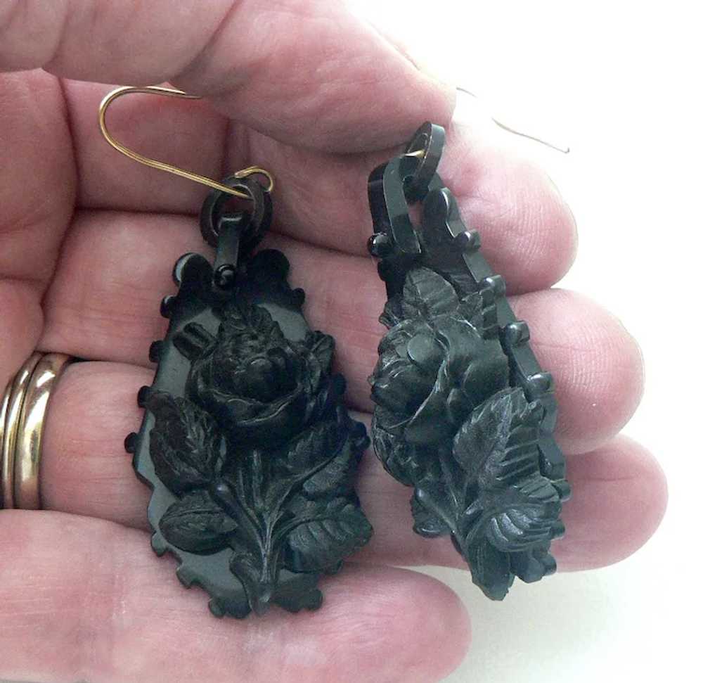Hand Carved Victorian Whitby Jet Earrings - image 3