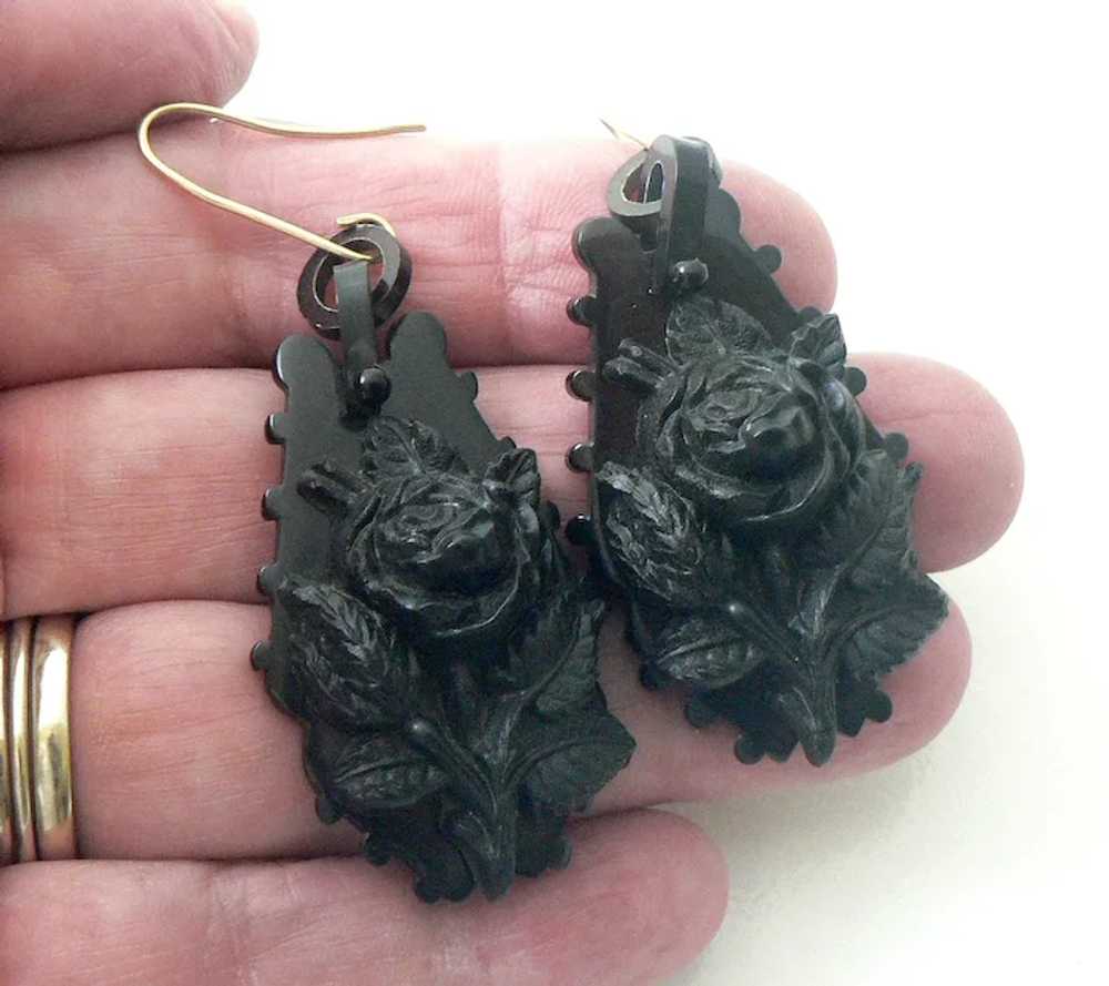 Hand Carved Victorian Whitby Jet Earrings - image 4