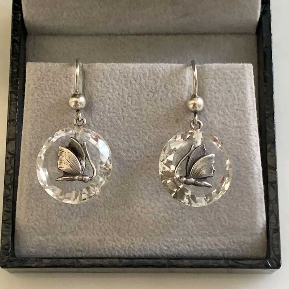 Antique Rock Crystal Silver Butterfly Rare Earrin… - image 2