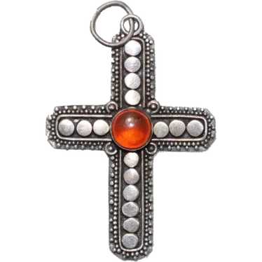 Vintage Sterling Silver Amber Cabochon Cross Pend… - image 1