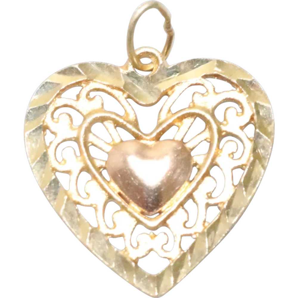 14KT Two Tone Filigree Diamond Cut Heart Pendant - image 1