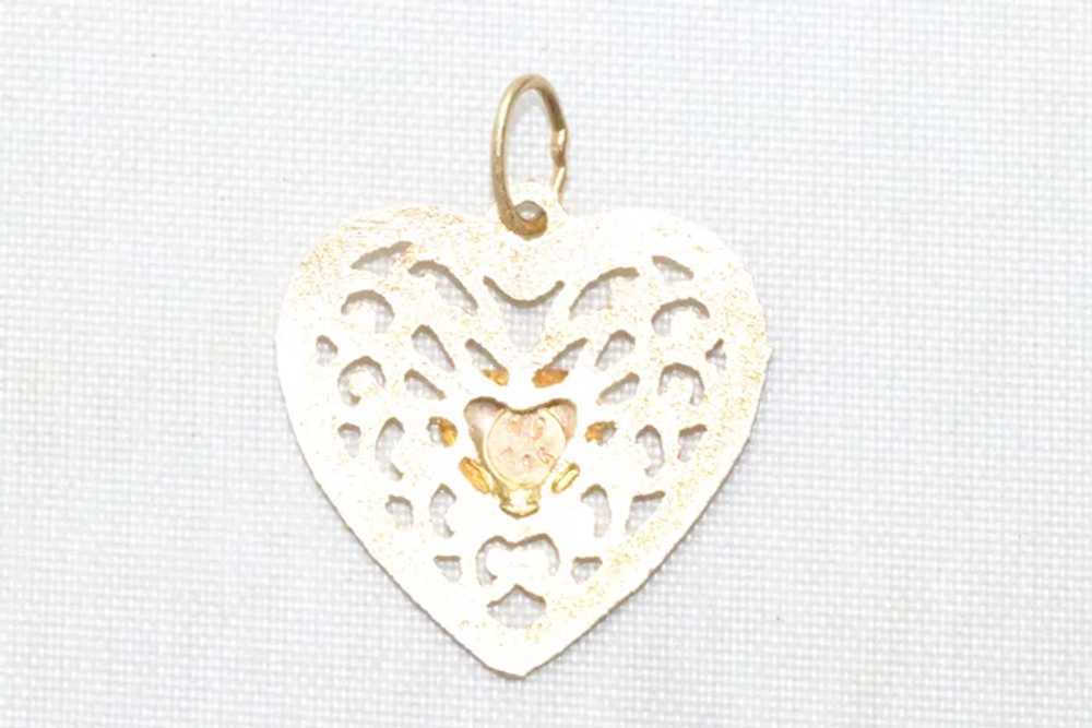14KT Two Tone Filigree Diamond Cut Heart Pendant - image 2