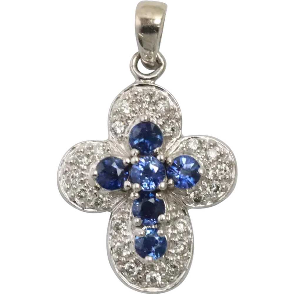 14KT White Gold Sapphire Round Cut Diamond Pendant - image 1