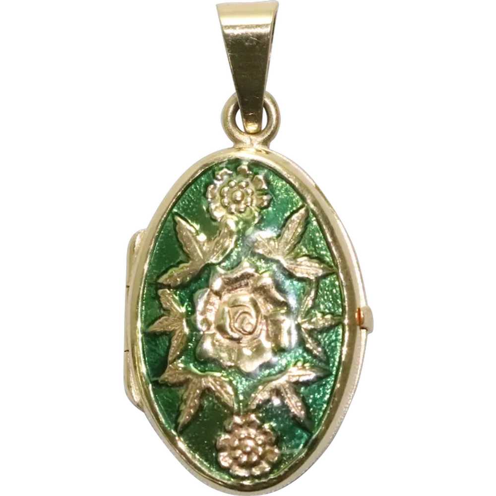 14KT Yellow Gold Green Enamel Floral Locket - image 1