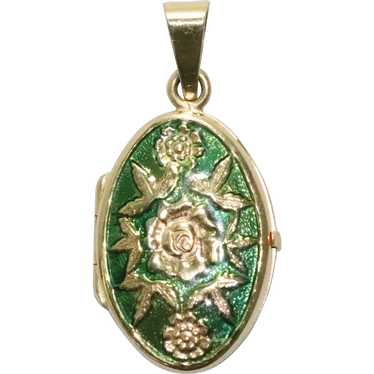 14KT Yellow Gold Green Enamel Floral Locket - image 1