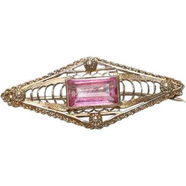 Vintage 10K Gold Art Deco Pink Zircon Brooch - image 1