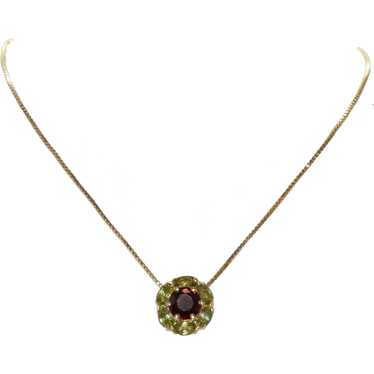 14KT Yellow Gold Garnet Peridot Stones Necklace - image 1