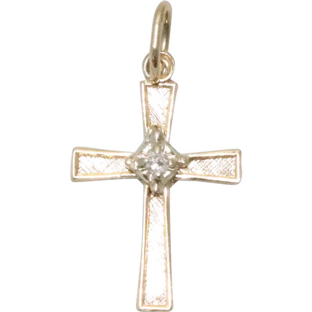 Vintage 14K Gold Diamond Cross Charm - image 1