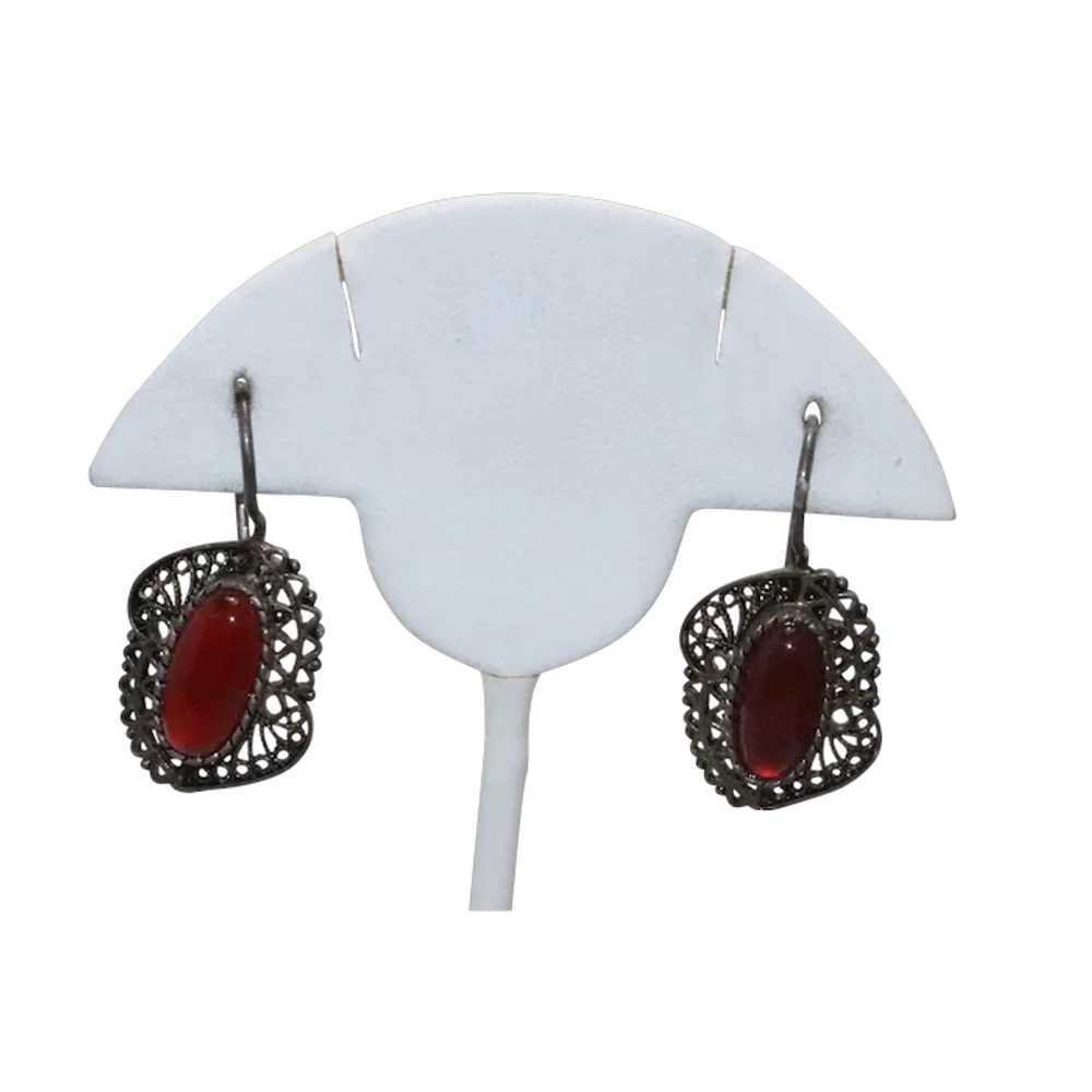 Vintage Sterling Silver Red Amber Earrings - image 1