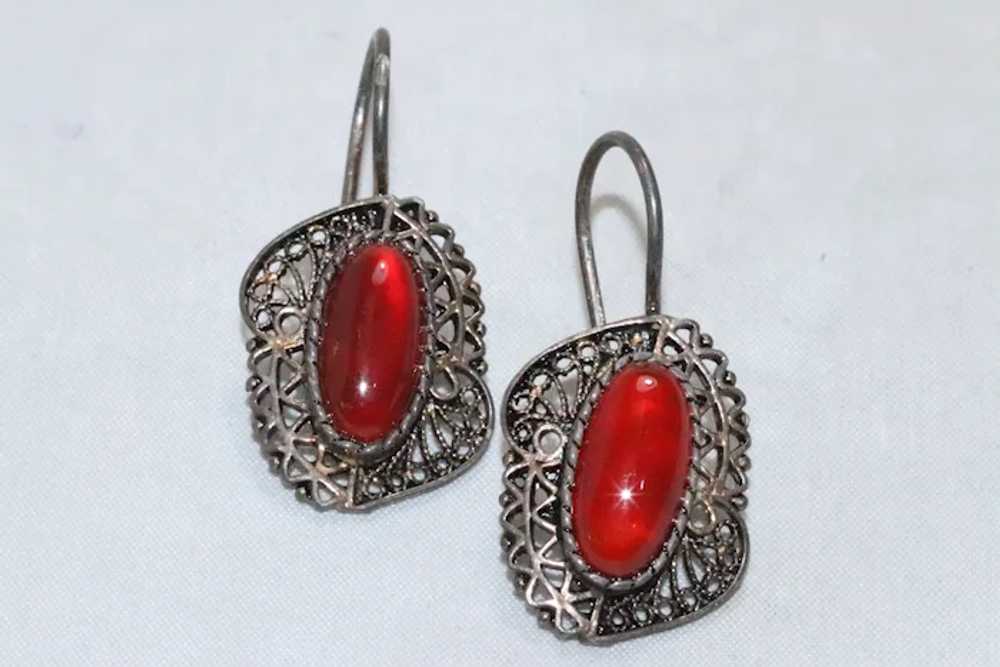 Vintage Sterling Silver Red Amber Earrings - image 2