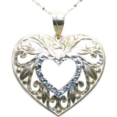 14KT Two Tone Filigree Diamond Cut Heart Necklace