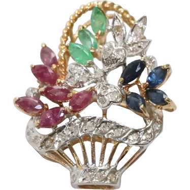 14K Yellow Gold Ruby, Emerald And Diamond Flower … - image 1