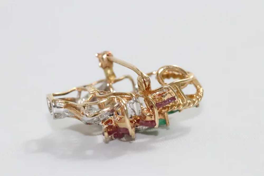 14K Yellow Gold Ruby, Emerald And Diamond Flower … - image 3