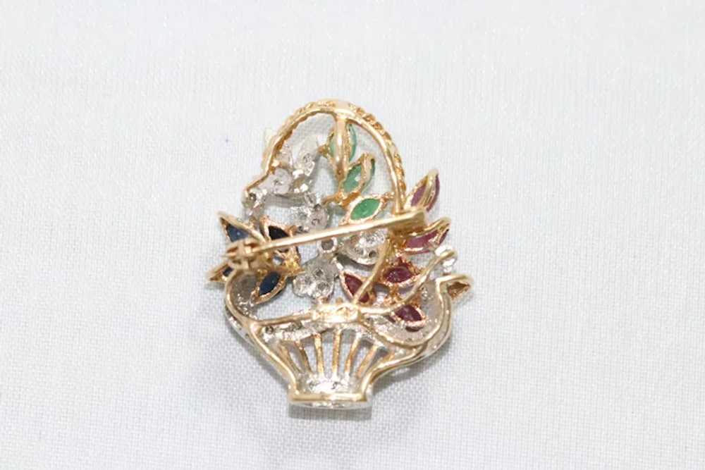 14K Yellow Gold Ruby, Emerald And Diamond Flower … - image 4