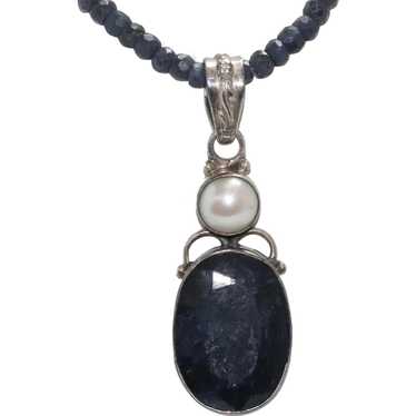 Vintage Sterling Silver Pearl and Sapphire Neckla… - image 1