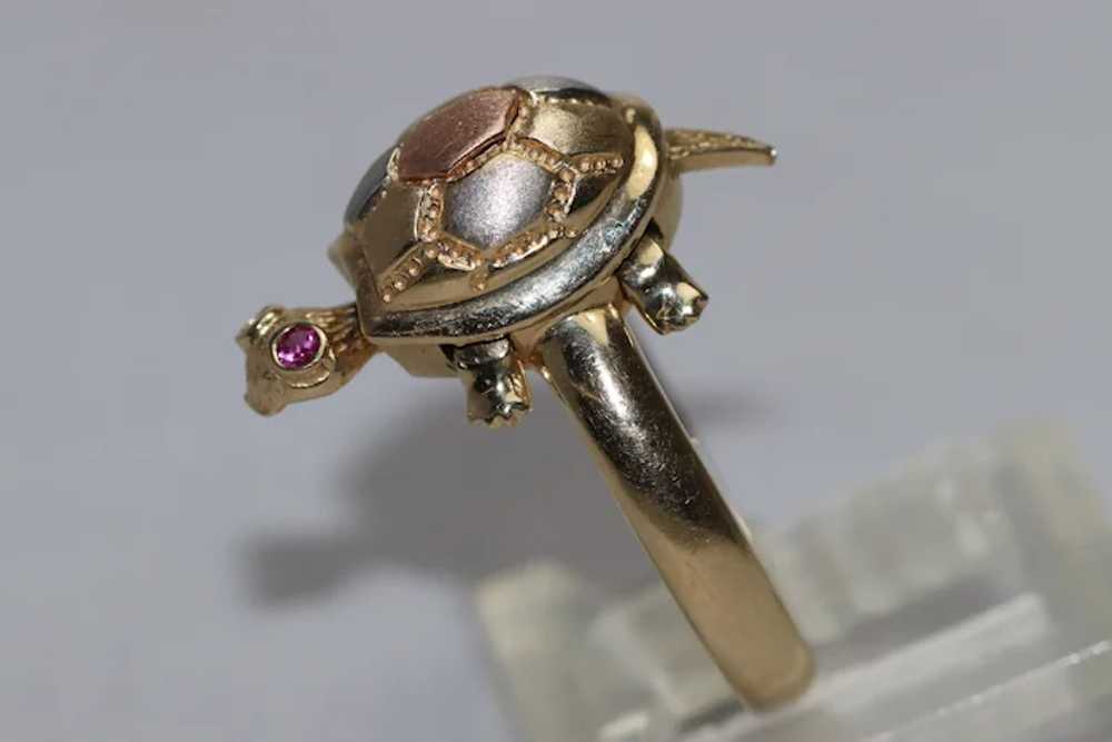 14KT Tri Tone Gold Ruby Turtle Ring - image 2