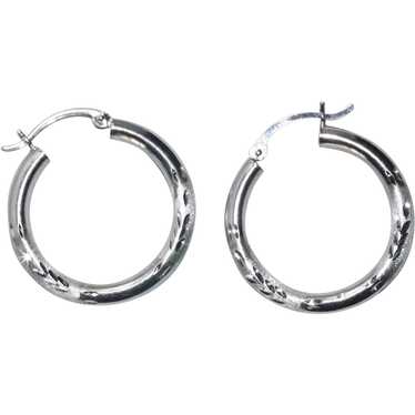 14K White Gold Diamond Cut Brushed Polished Hoop … - image 1