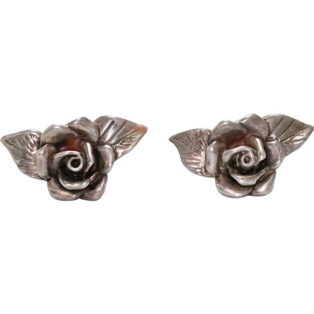 Vintage Sterling Silver Rose Clip Earrings - image 1