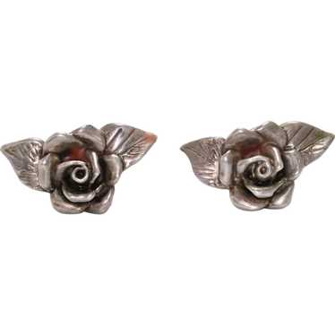 Vintage Sterling Silver Rose Clip Earrings - image 1
