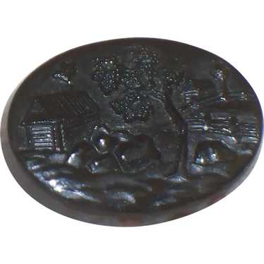 Vintage Black Glass Scenic Cameo Brooch, Molded Fr
