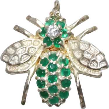 Vintage Sterling Silver Emerald Bee Brooch