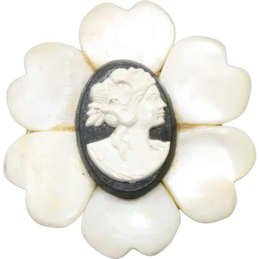 Vintage Mother of Pearl Black Onyx Flower Cameo B… - image 1