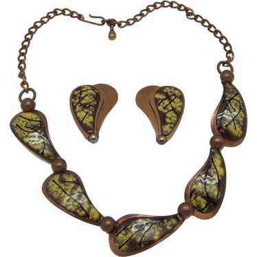Mid-Century Enameled Copper Necklace and Earrings… - image 1