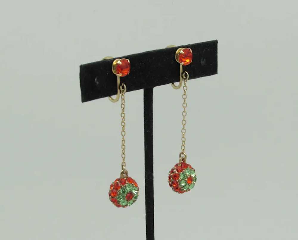 1960s Orange and Green Rhinestone Pendulum Earrin… - image 2