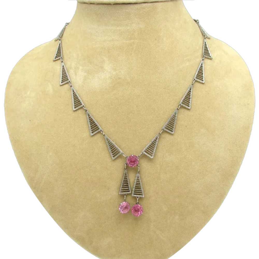Art Deco Filigree Sautoir with Pink Faceted Glass - image 1
