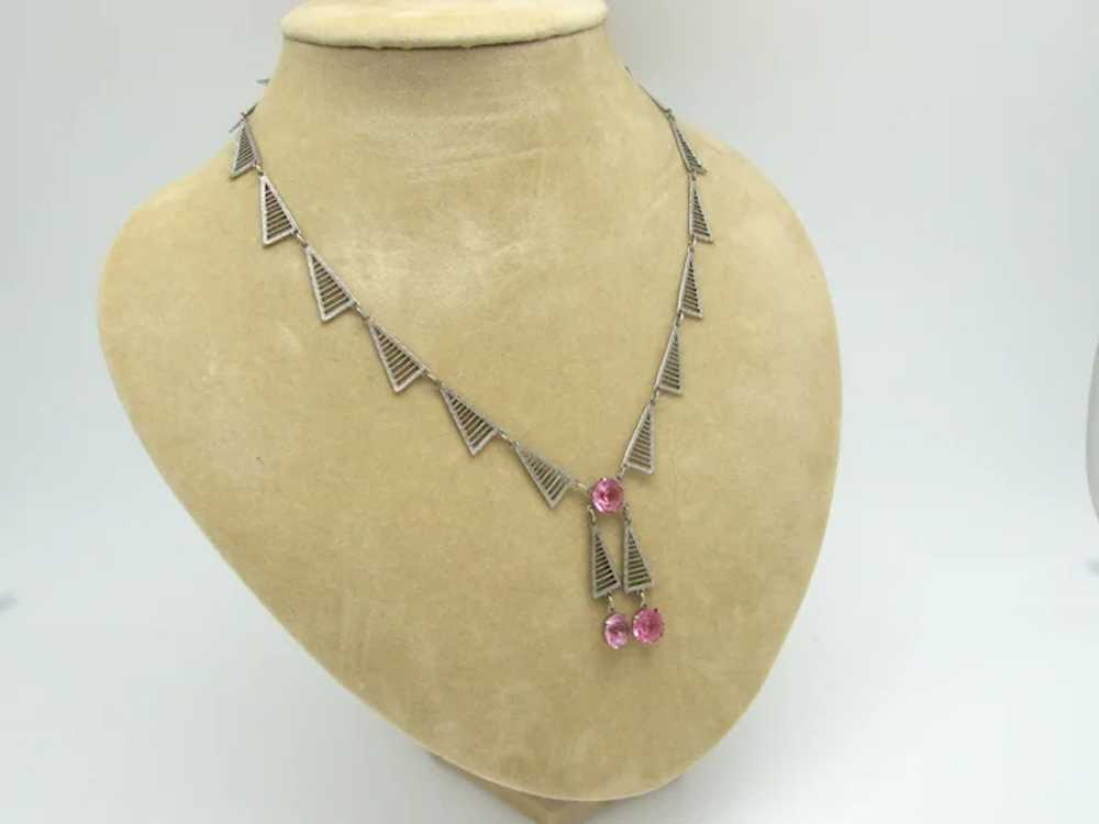 Art Deco Filigree Sautoir with Pink Faceted Glass - image 2