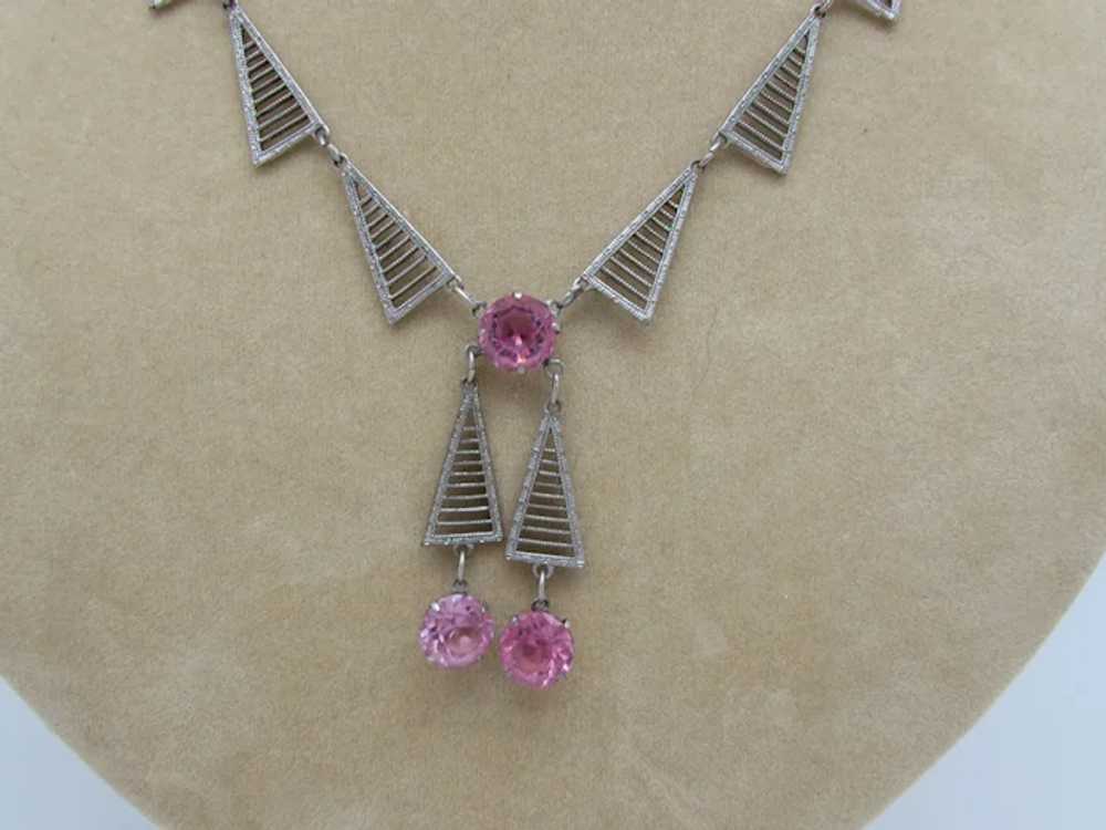 Art Deco Filigree Sautoir with Pink Faceted Glass - image 3