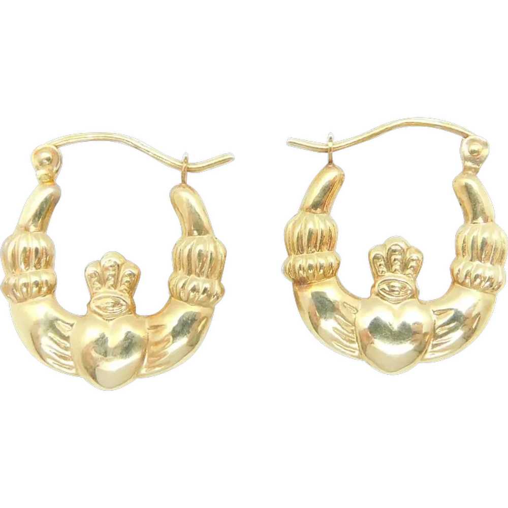 Puff Claddagh Hoop Earrings 14k Yellow Gold Love,… - image 1