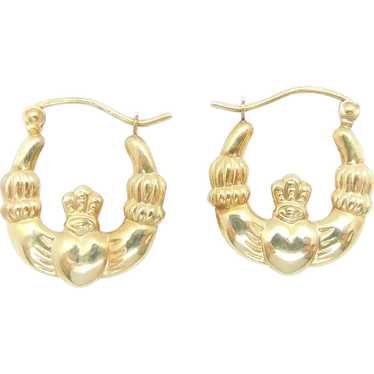 Puff Claddagh Hoop Earrings 14k Yellow Gold Love, 
