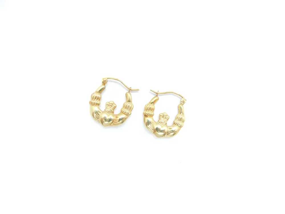 Puff Claddagh Hoop Earrings 14k Yellow Gold Love,… - image 2