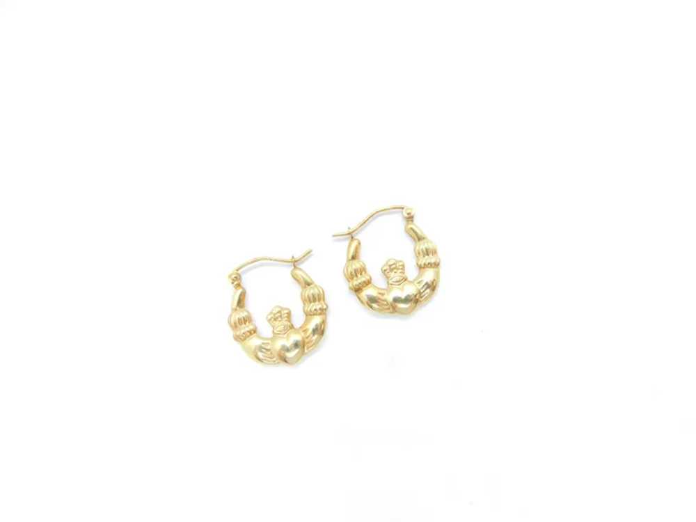 Puff Claddagh Hoop Earrings 14k Yellow Gold Love,… - image 3