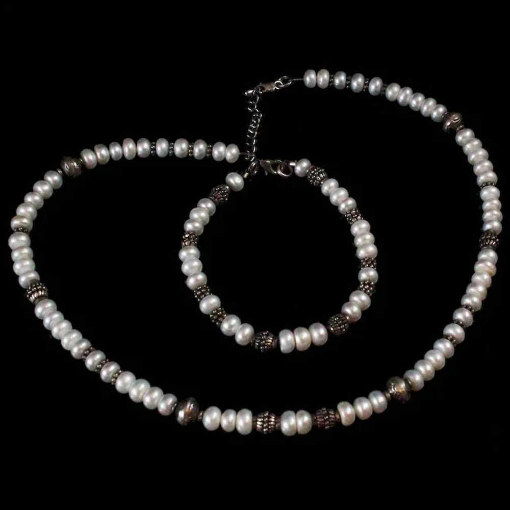 AA FW Button Pearl Sterling Necklace Bracelet c19… - image 4