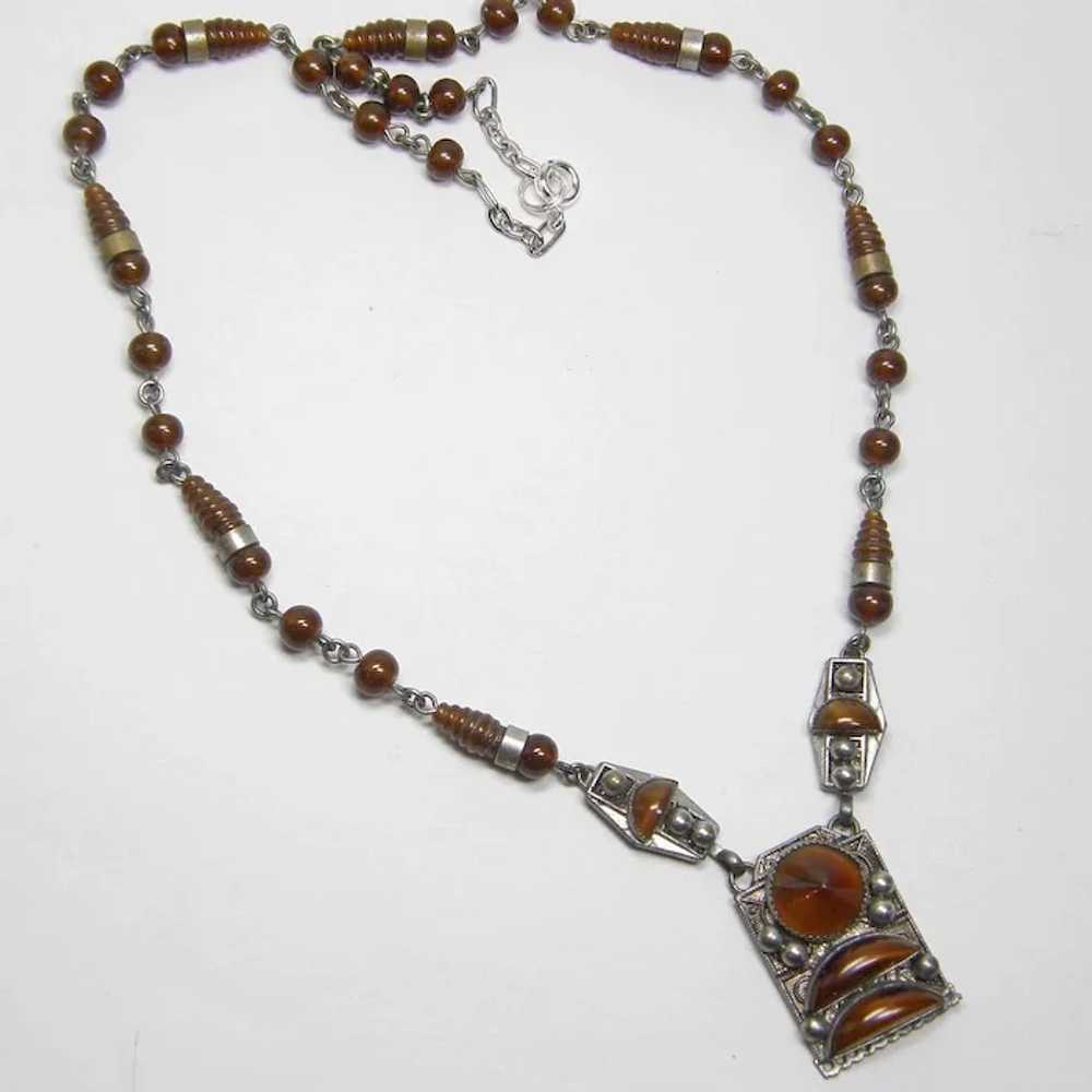 Czech Necklace 1930s unusual Copper Brown Glass S… - image 2
