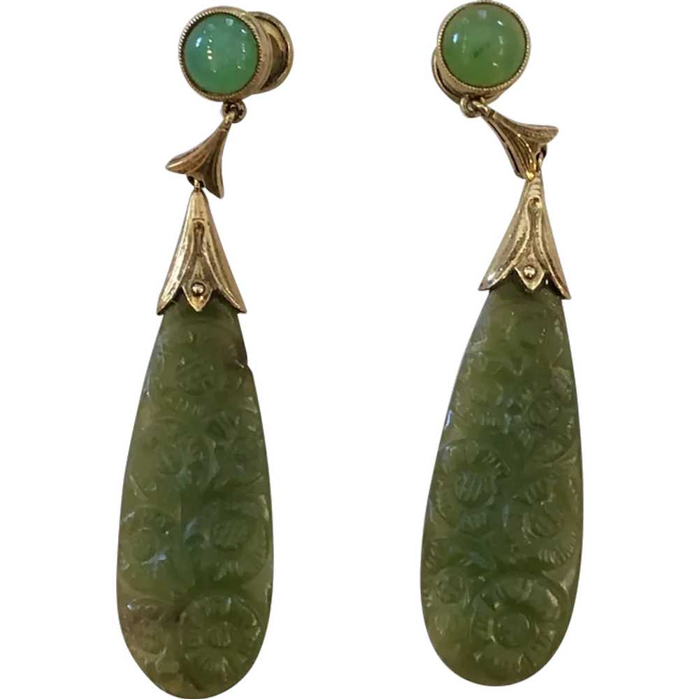 Art Deco Carved Jade 14K Gold Earrings - image 1