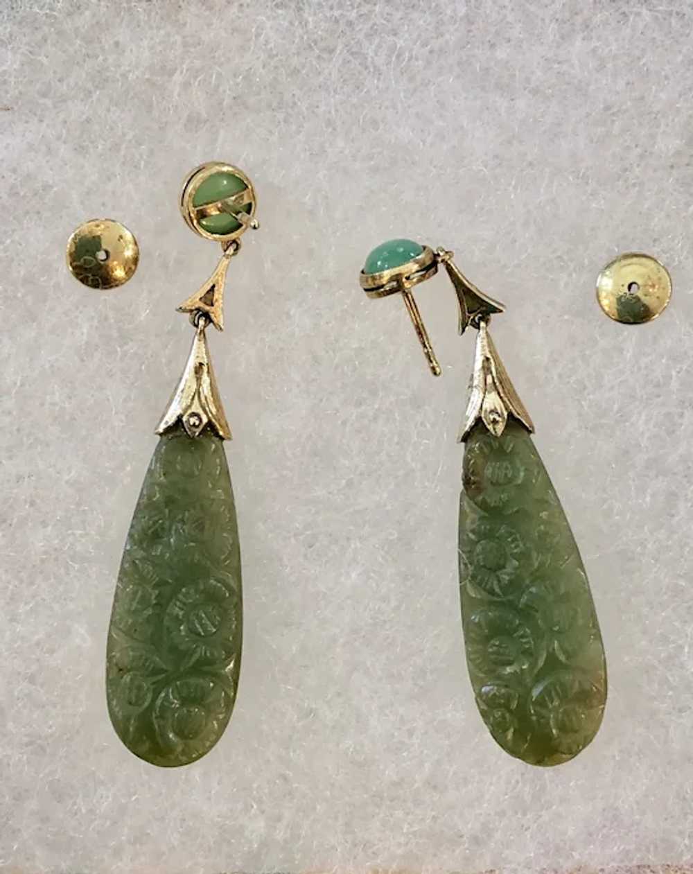 Art Deco Carved Jade 14K Gold Earrings - image 3